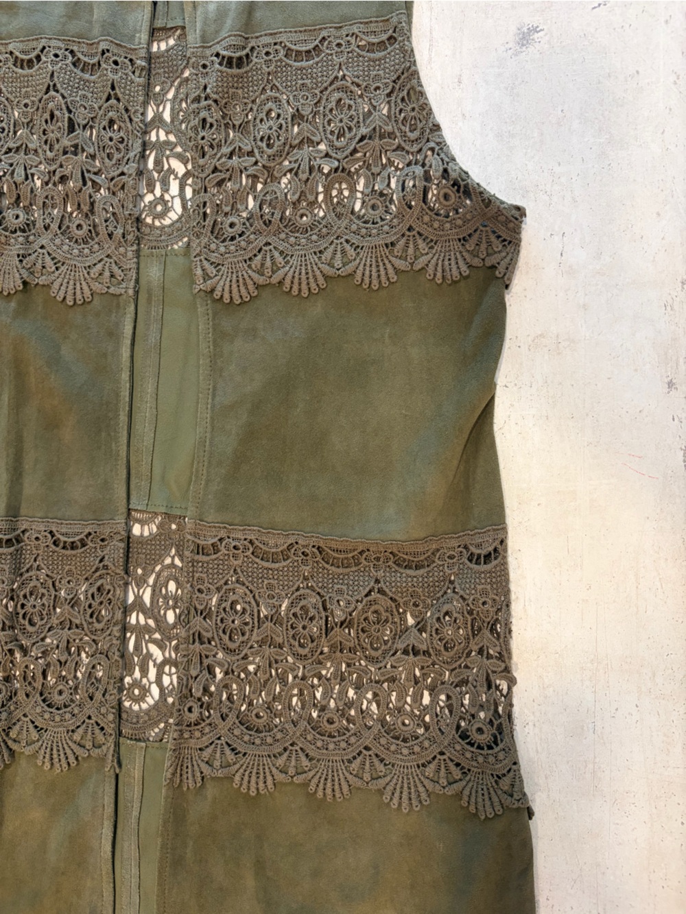 Bagatelle Collection S Olive Genuine Leather Crochet Lace Long Vest Boho Duster - Picture 9 of 10